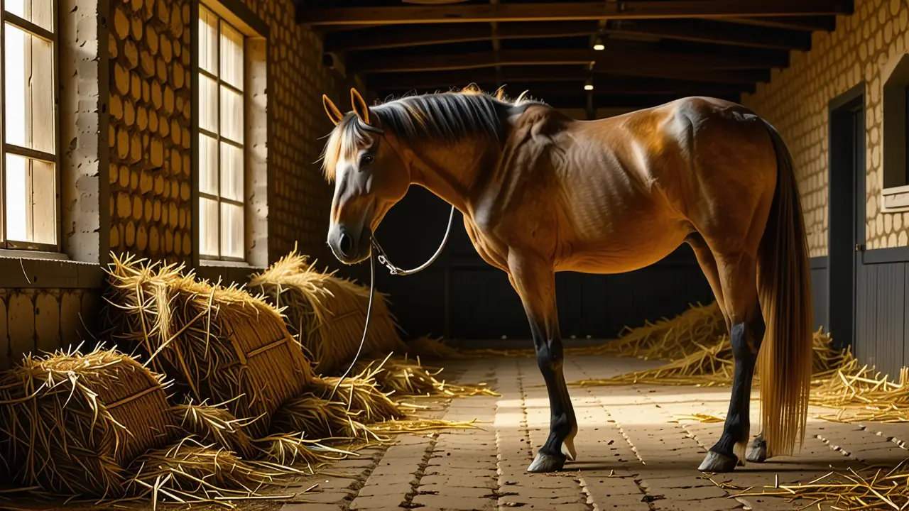 Un hombre español contempla un caballo en luz cálida
