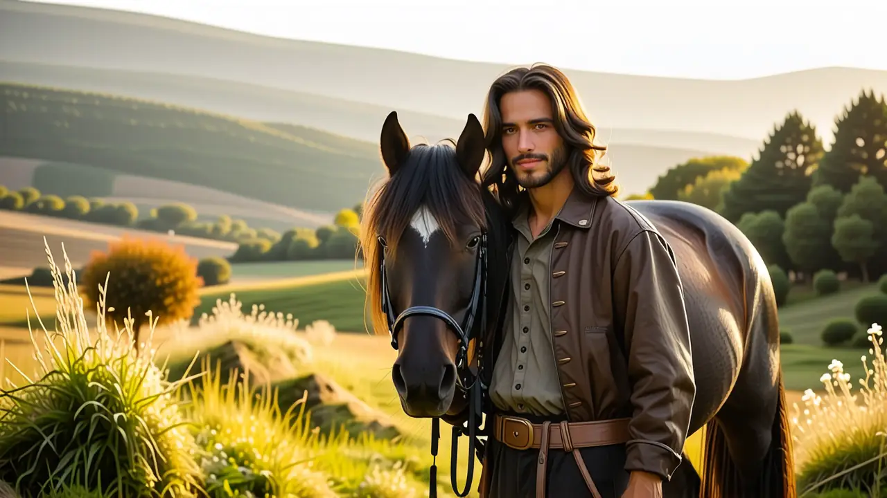 Un hombre español tranquilo acaricia su caballo