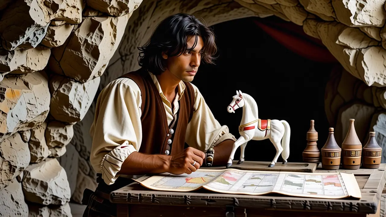 Un hombre español contemplativo en una cueva