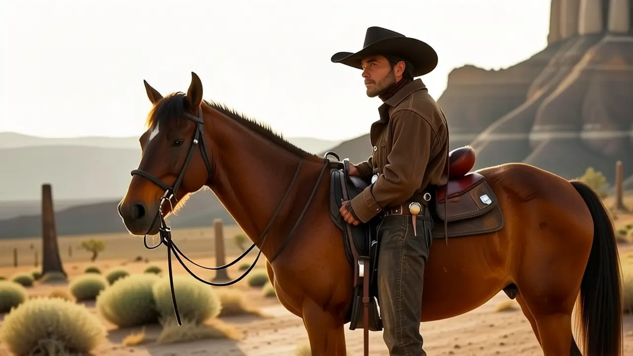 Un vaquero antiguo domina su caballo