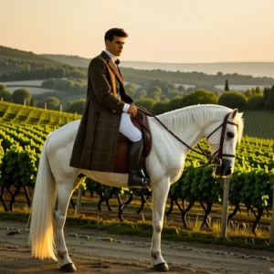 Un hombre elegante monta su caballo en Toscana