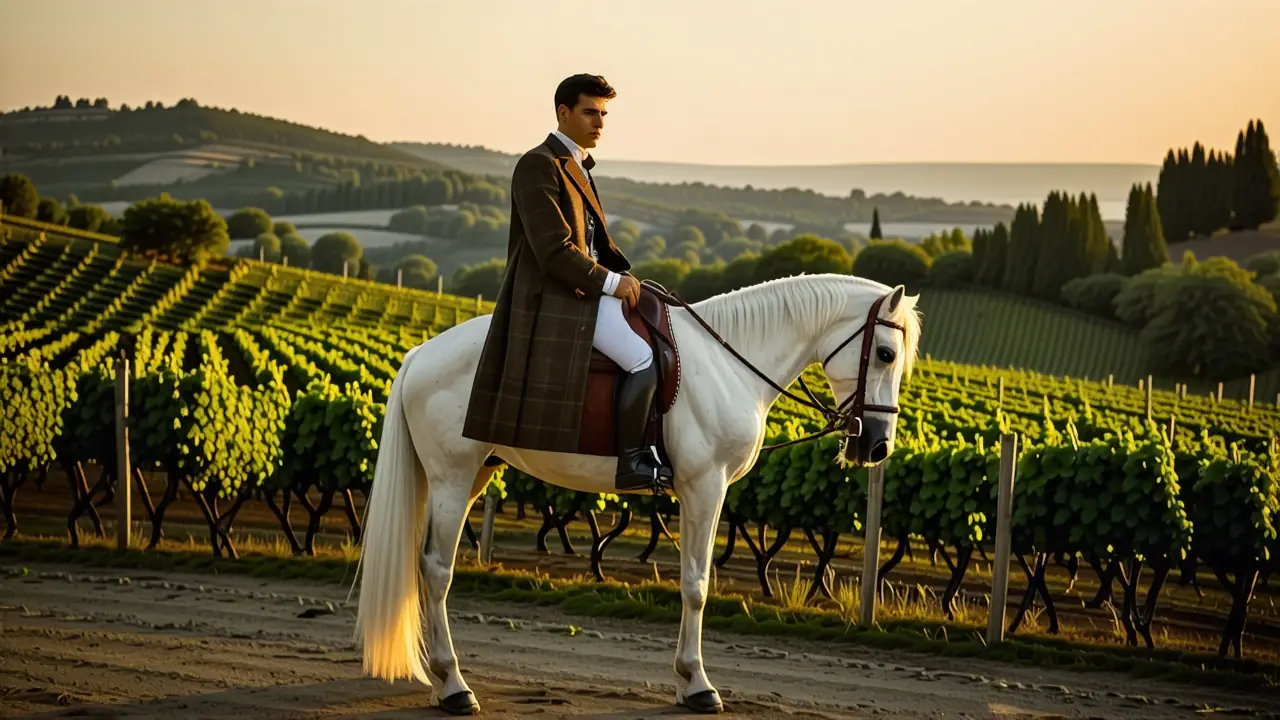 Un hombre elegante monta su caballo en Toscana