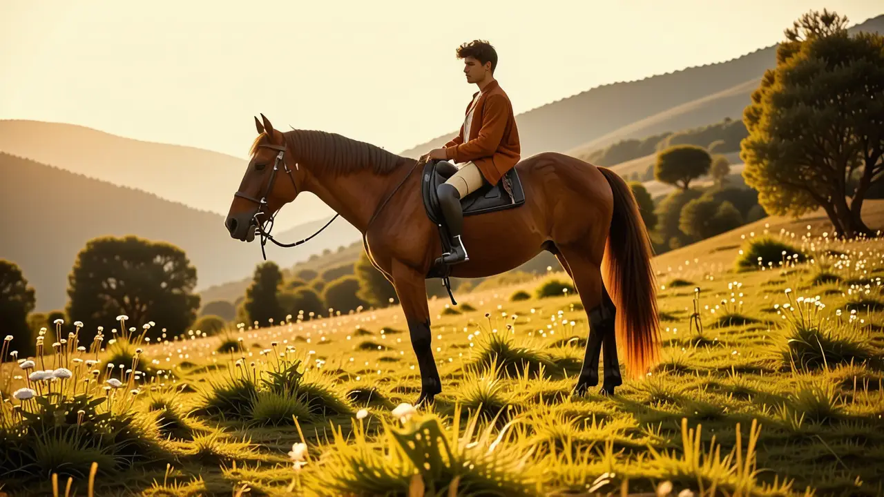 Un jinete español realista pastorea sereno