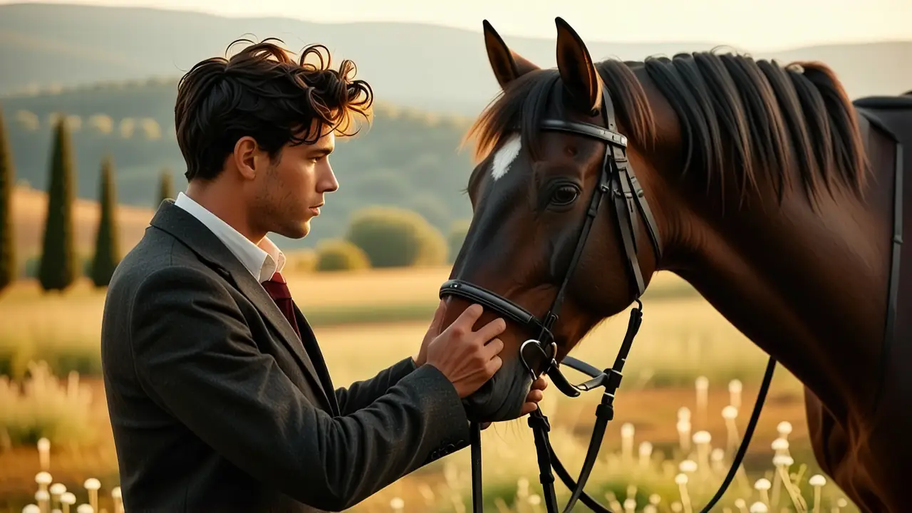 Un hombre melancólico acaricia su caballo en Toscana