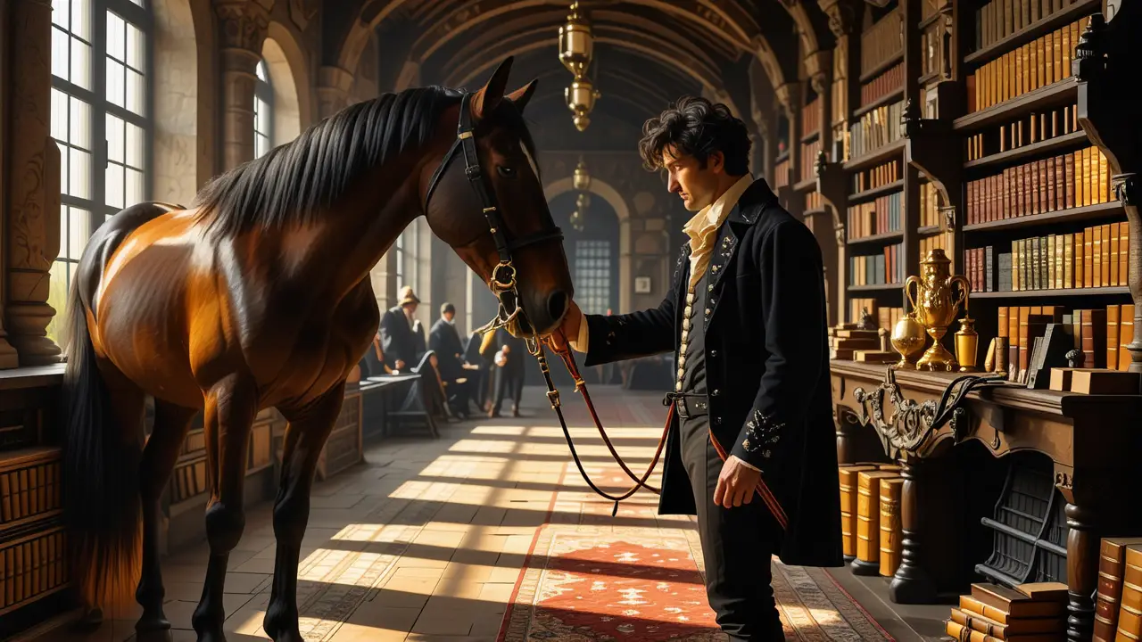 Un hombre noble examina su caballo en biblioteca