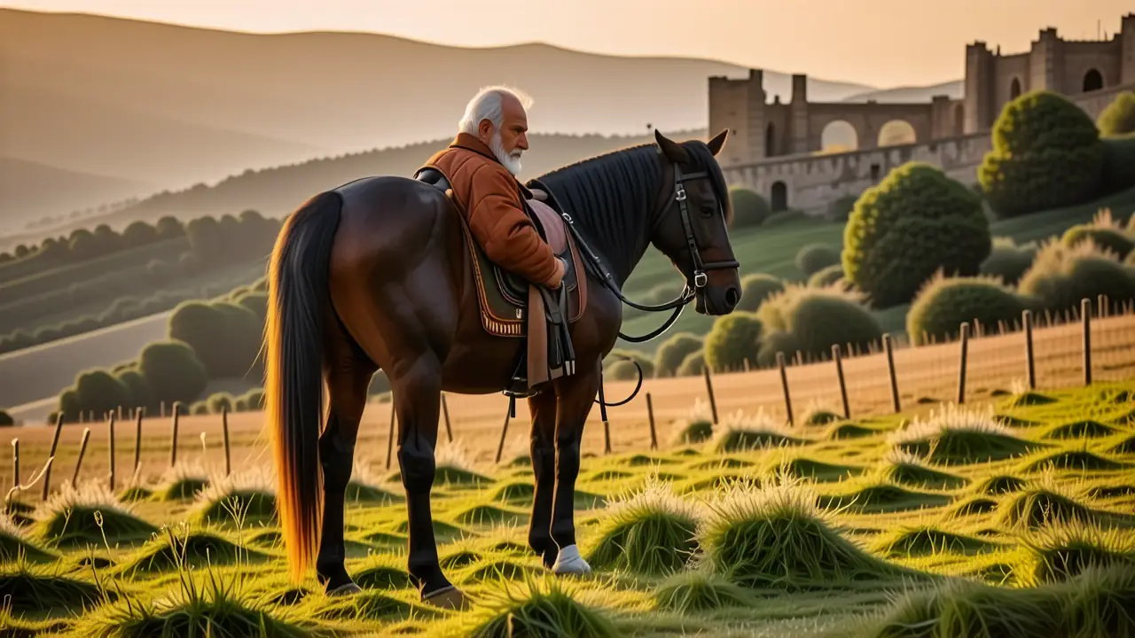 Un hombre noble observa su caballo en España