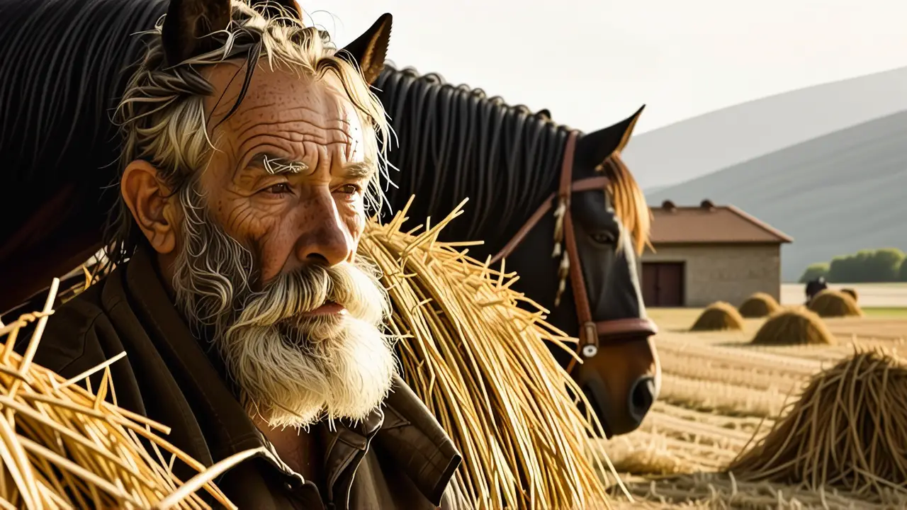 Un granjero pensativo junto a su caballo
