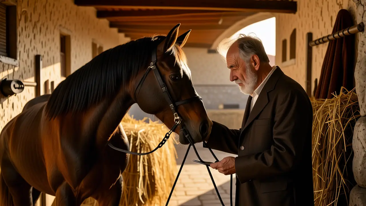 Un veterinario español examina pacíficamente a su caballo