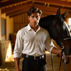 Un hombre español serio sostiene un caballo