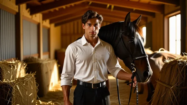 Un hombre español serio sostiene un caballo