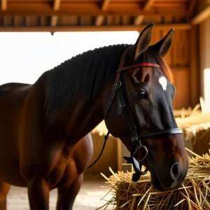 Un caballo castaño tranquilo en establo
