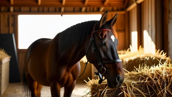 Un caballo castaño tranquilo en establo