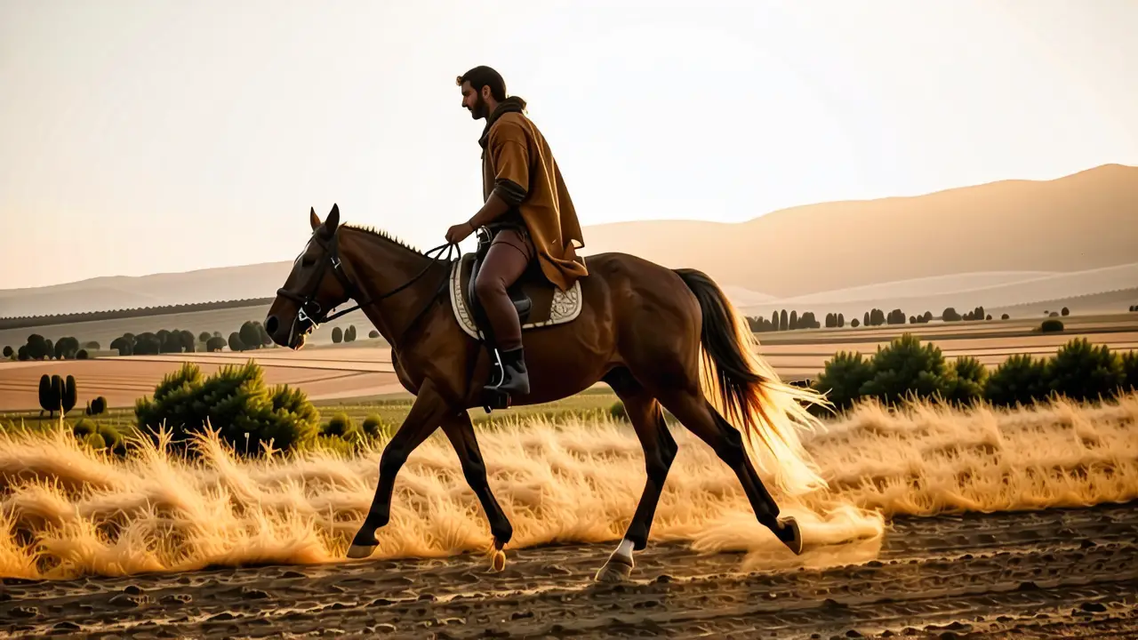 Un jinete español poderoso galopa en la luz