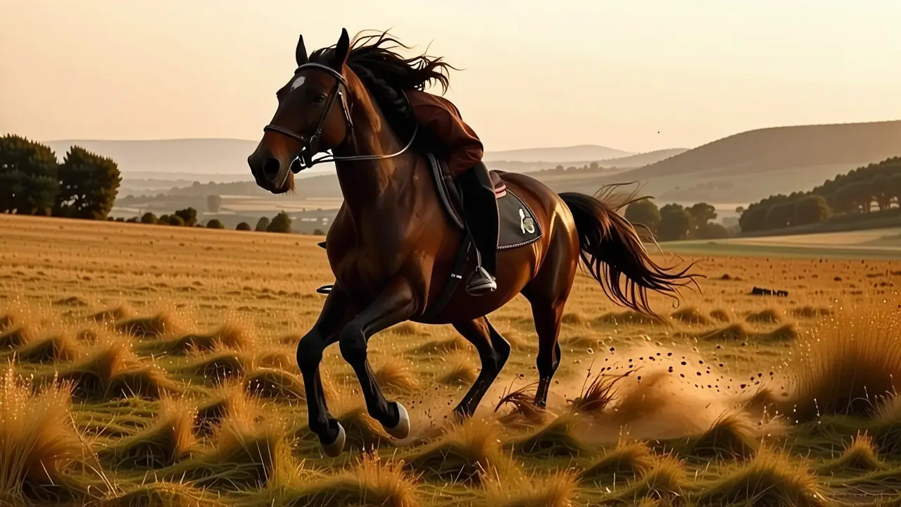 Un hombre español cabalga intensamente al atardecer