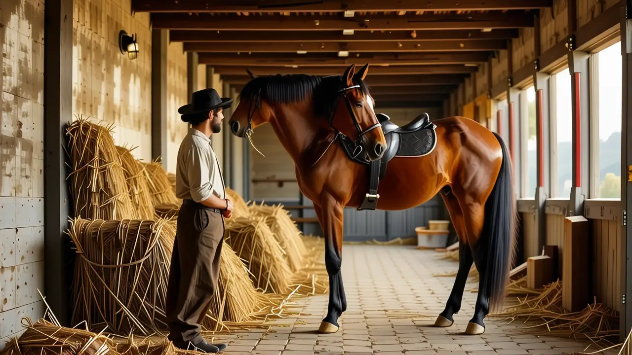 Un hombre pensativo observa su caballo