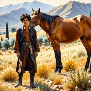 Un hombre pensativo observa su caballo en Andalucía