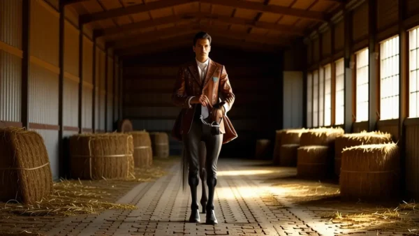 Un hombre elegante monta su caballo en calma