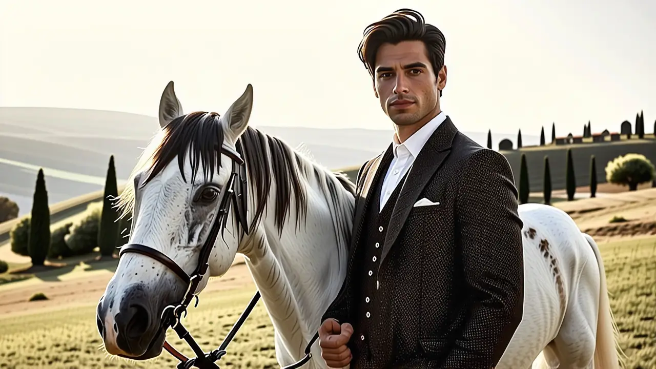 Rembrandtino hombre elegante monta caballo en Toscana