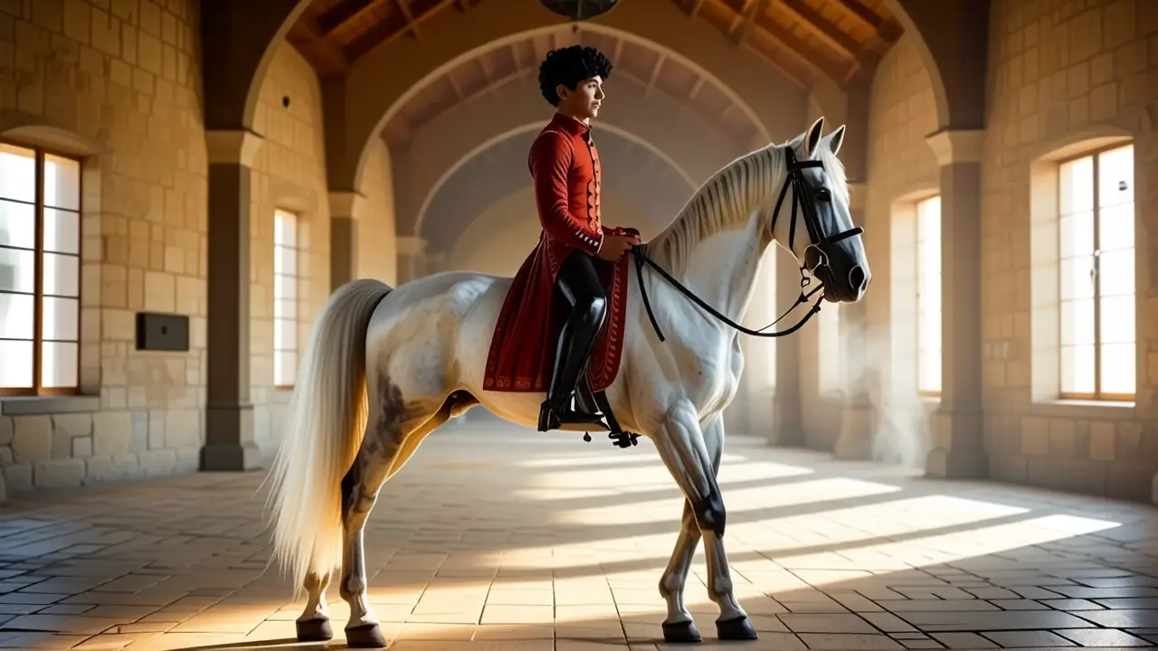 Rembrandtino jinete elegante en establo dorado