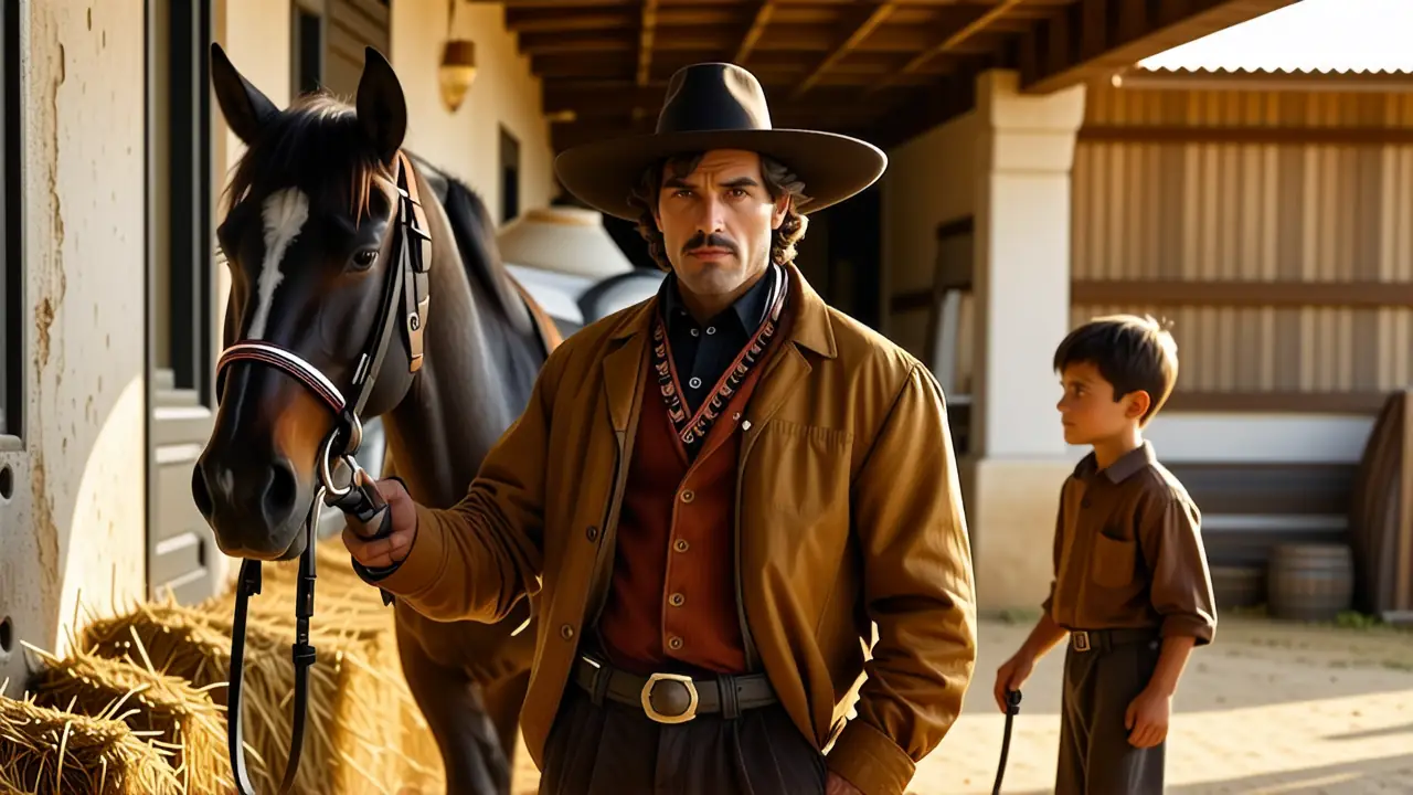 Un jinete español fuerte observa su caballo