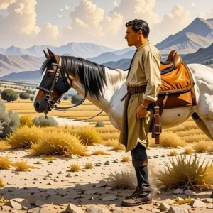Un hombre pensativo observa su caballo en Andalucía