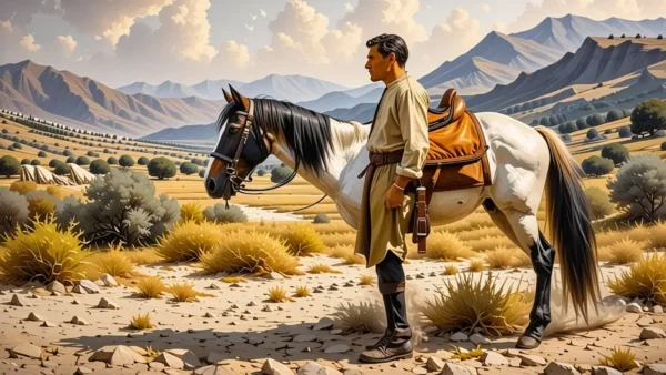 Un hombre pensativo observa su caballo en Andalucía