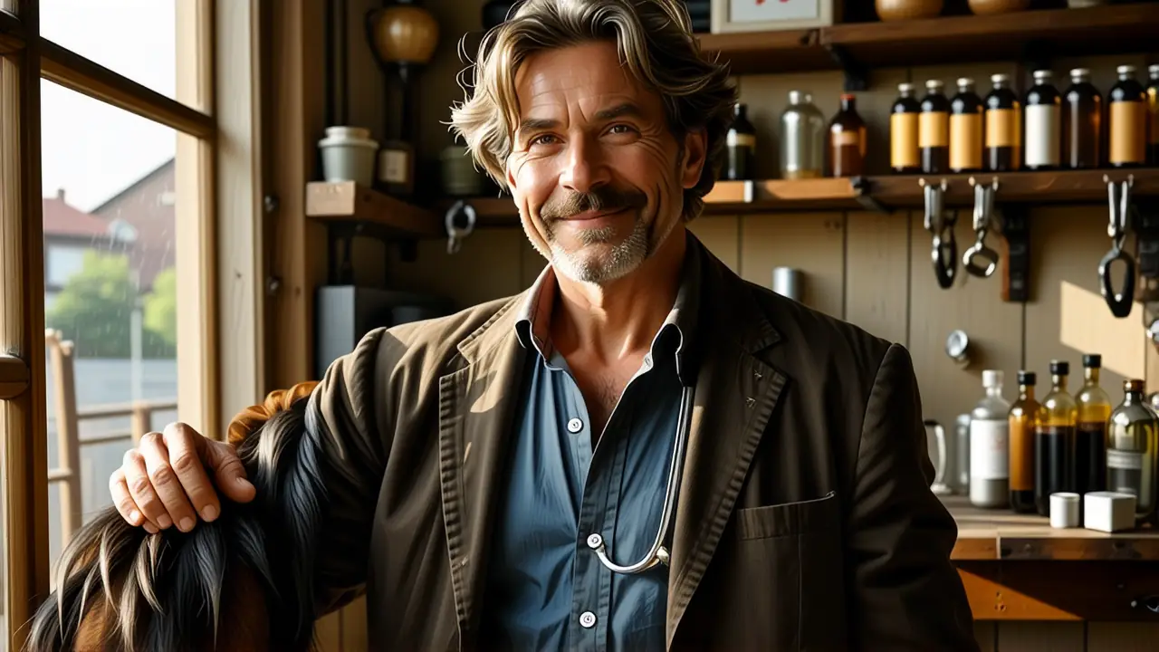 Un veterinario amable observa a un caballo