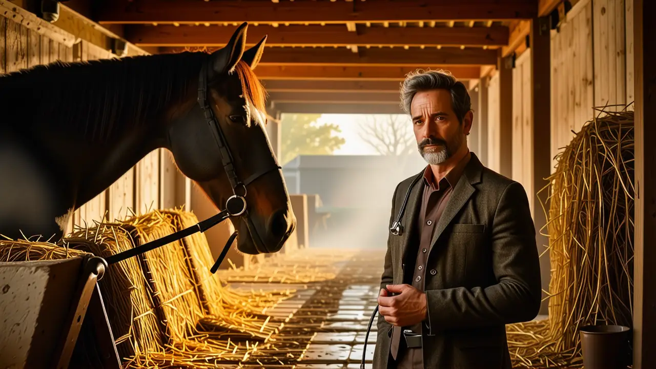 Un veterinario español amable observa a su yegua