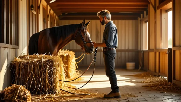Un hombre pensativo cuida su caballo