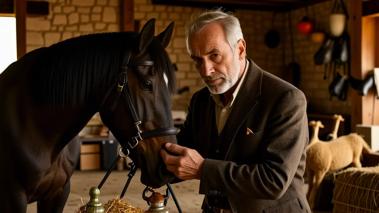 Un hombre español examina pacíficamente su caballo