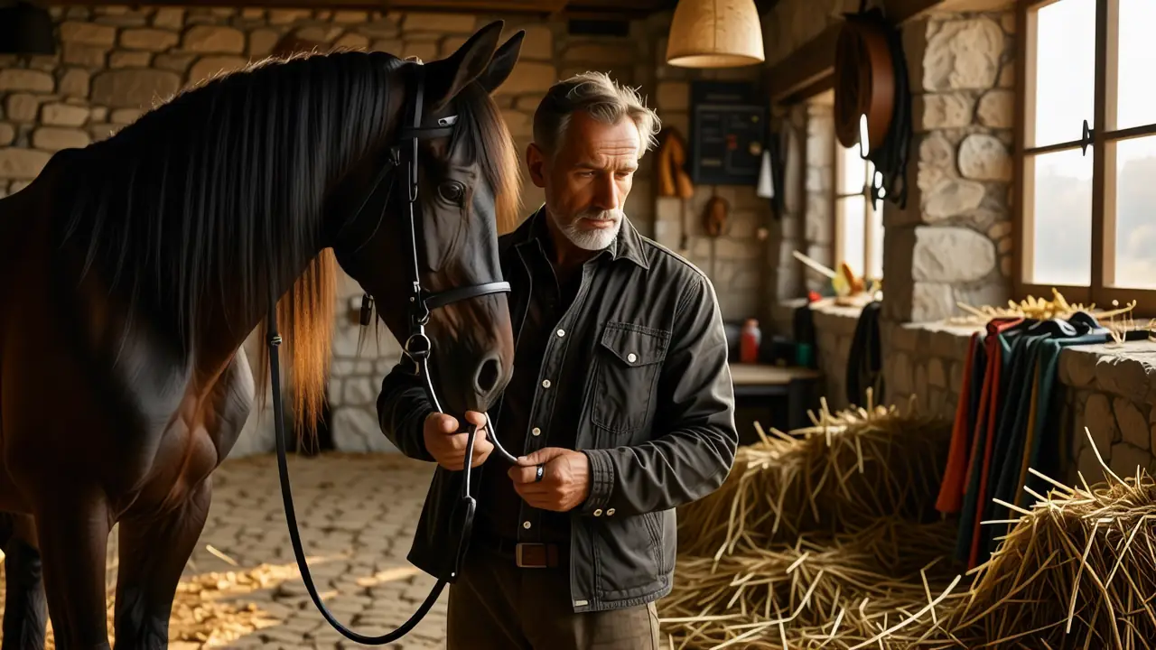 Un criador examina cuidadosamente a su caballo