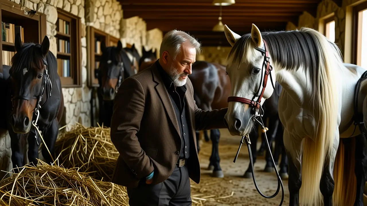 Un hombre español examina un caballo en establo