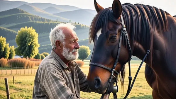 Un anciano granjero contempla su caballo
