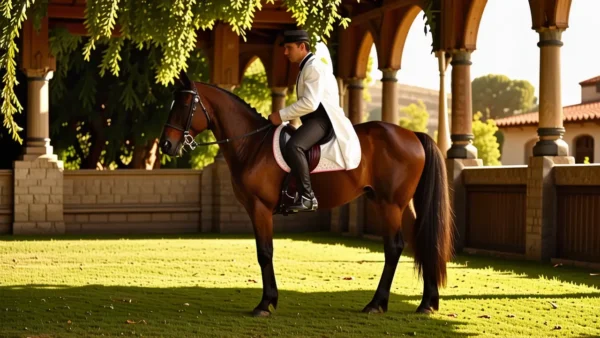 Un jinete español elegante domina su caballo
