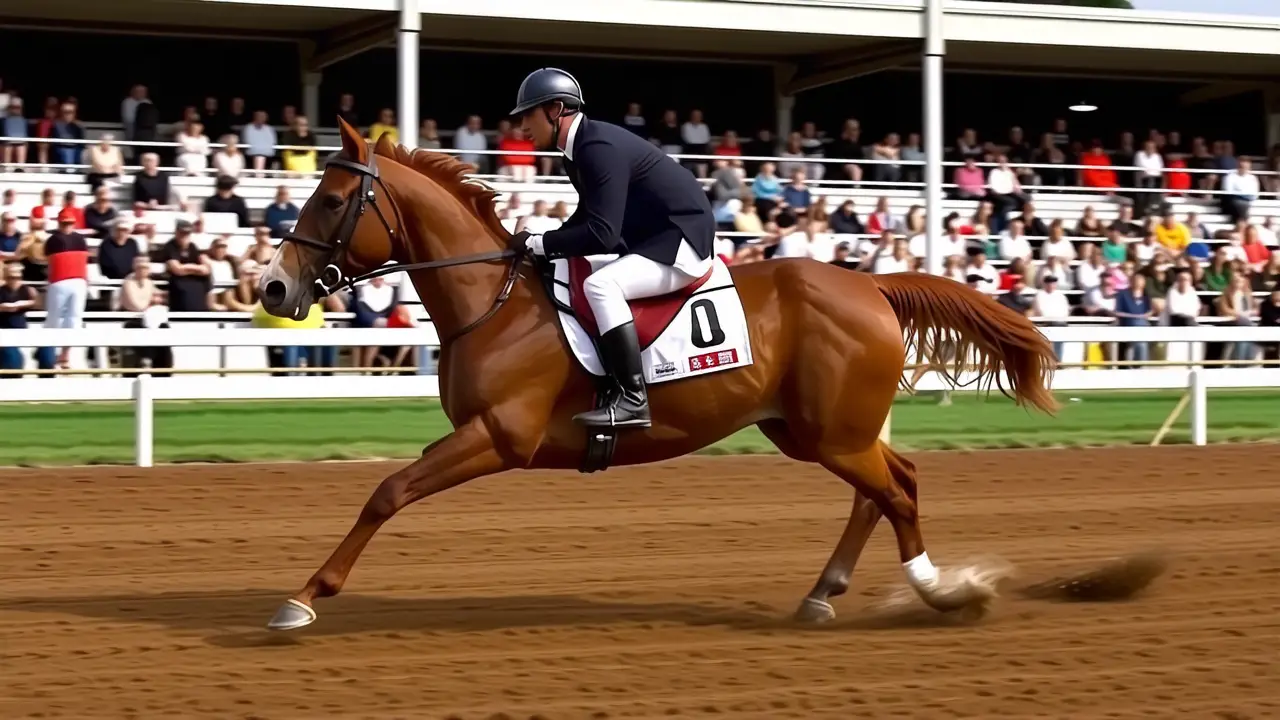 Jinete español galopa en luz dorada