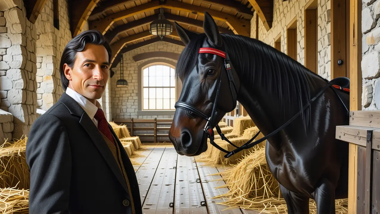 Un hombre elegante monta su caballo en luz dorada