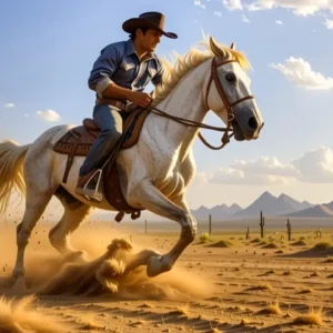 Un vaquero solitario galopa en el desierto
