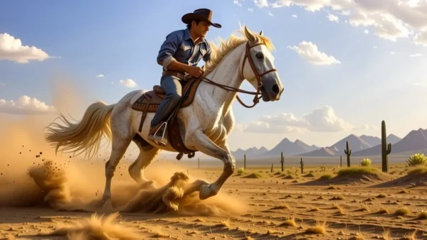 Un vaquero solitario galopa en el desierto