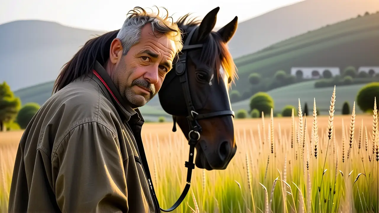 Un hombre español contempla su caballo en paz