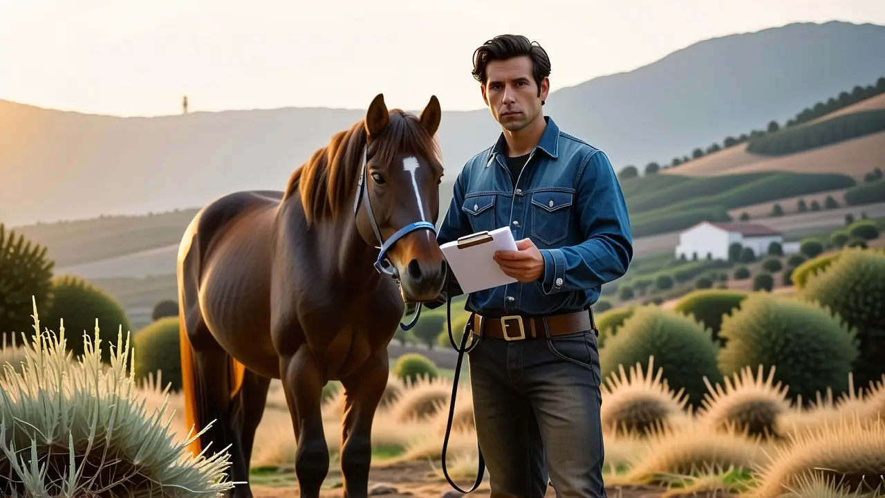 Un hombre español serio registra un caballo