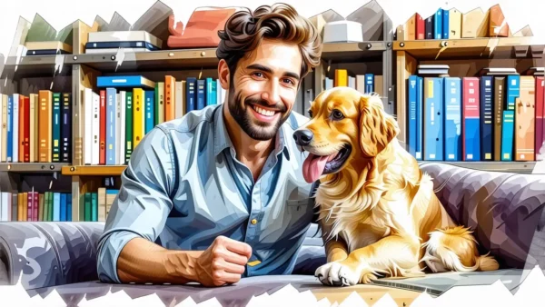 Un hombre amable sonríe con su cachorro