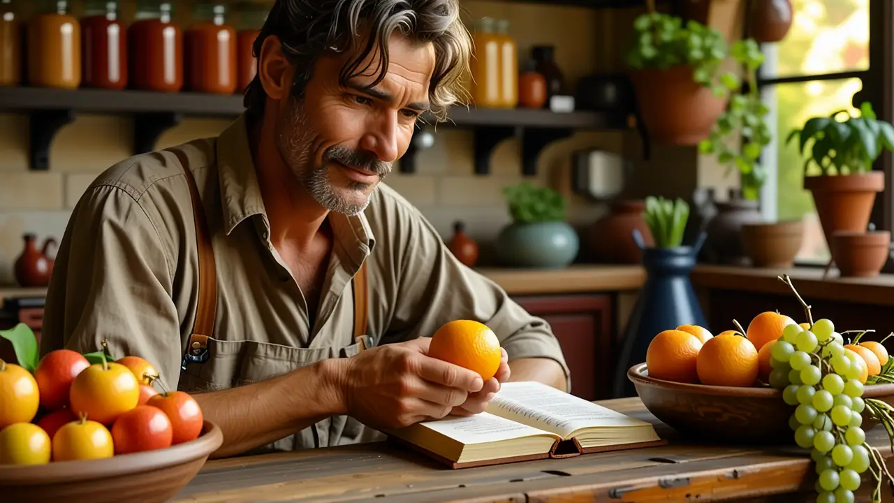 Un hombre español contempla fruta serena