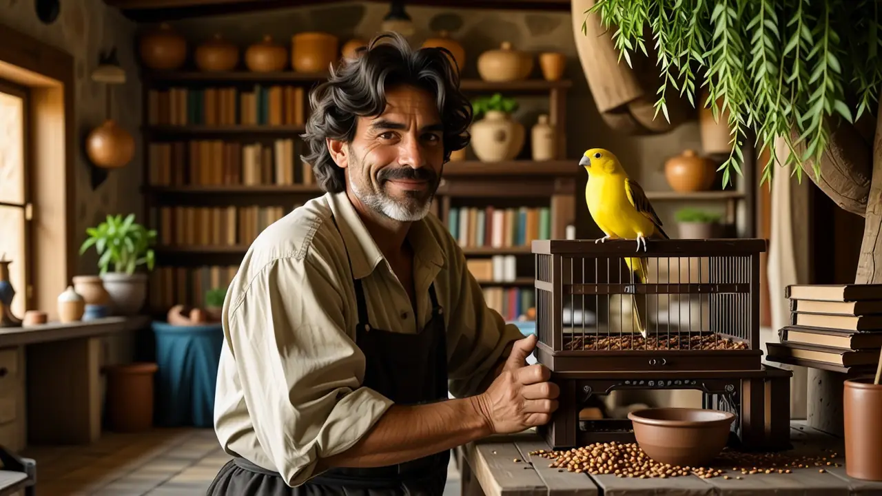 Un hombre amable observa su canario en casa