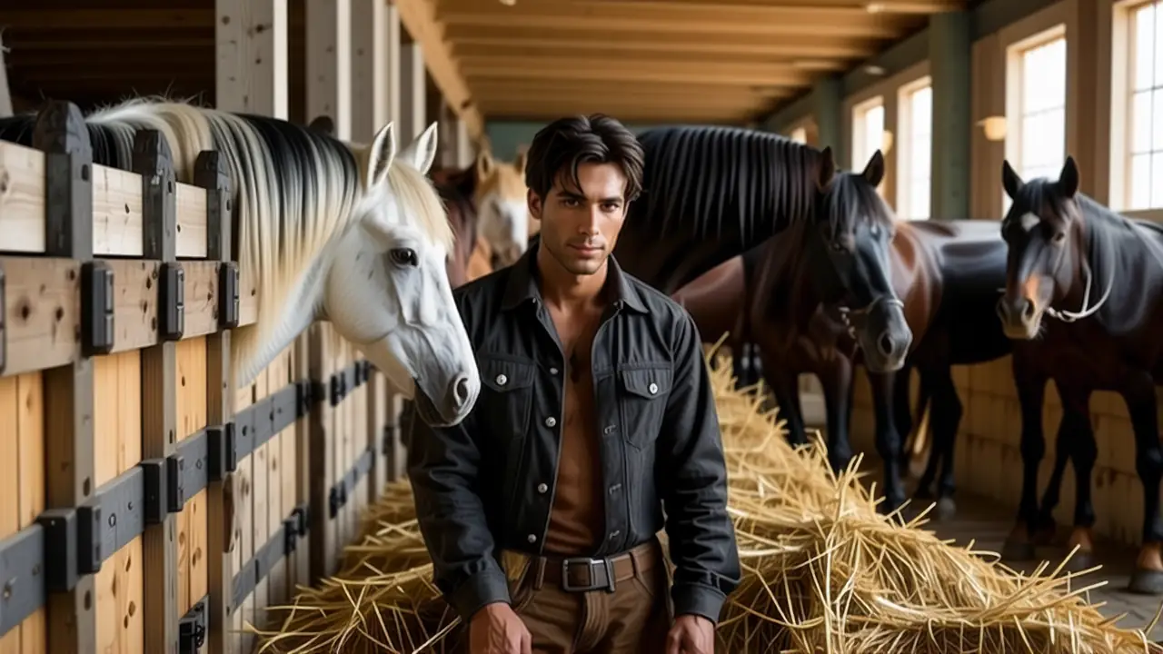 Un hombre pensativo observa caballos en luz dorada