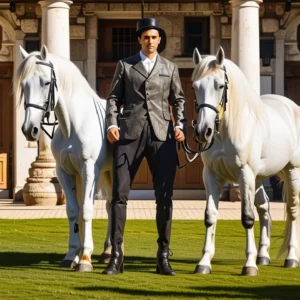 Un jinete español monta caballos en luz dorada