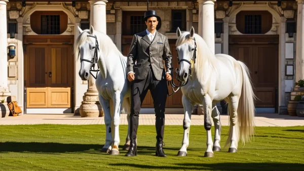 Un jinete español monta caballos en luz dorada