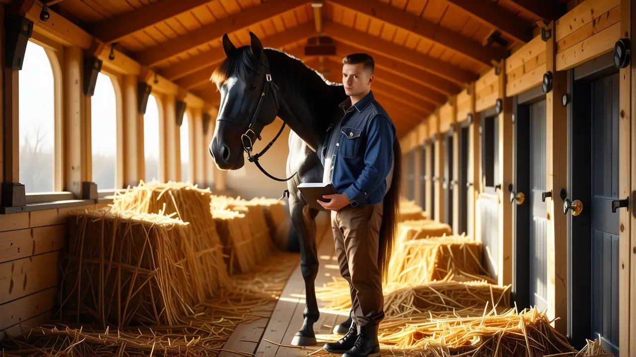 Un hombre serio mide un caballo en establo