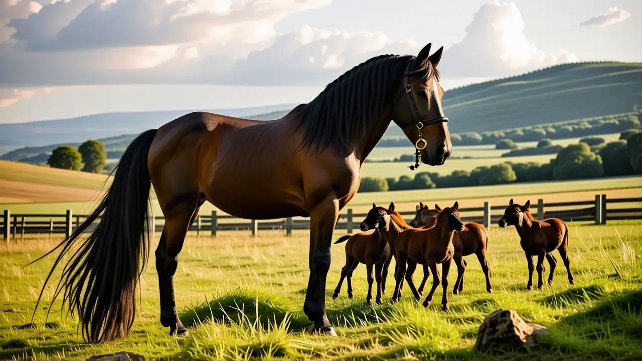 Un caballo español majestuoso rodea a sus crías