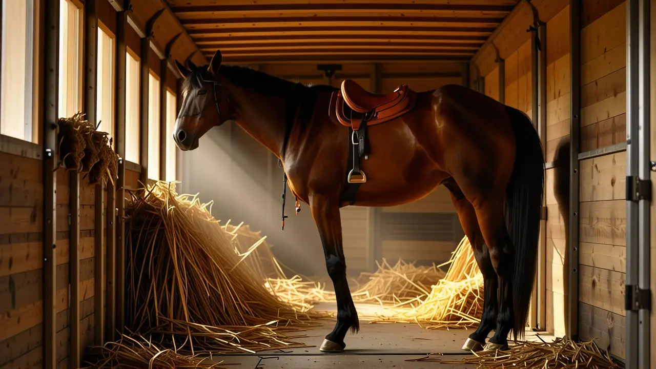 Un hombre serio carga su caballo
