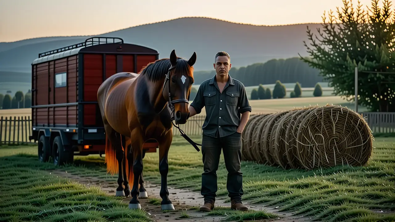 Un hombre serio monta caballos al atardecer
